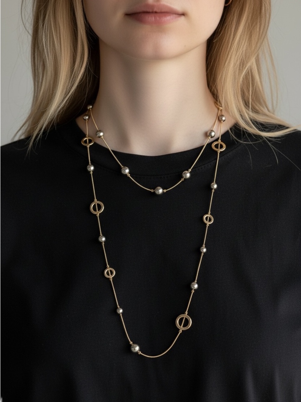 10/3 Gold Long Layered Necklace with Silver Bead Accents